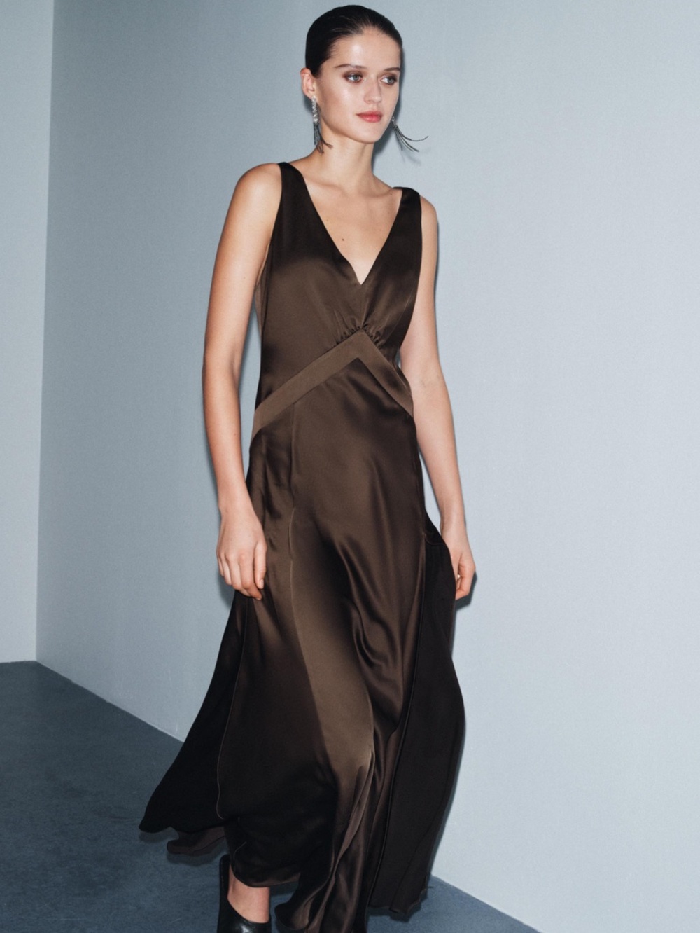 ZARA Satin Brown V-Neck Slip Jumpsuit